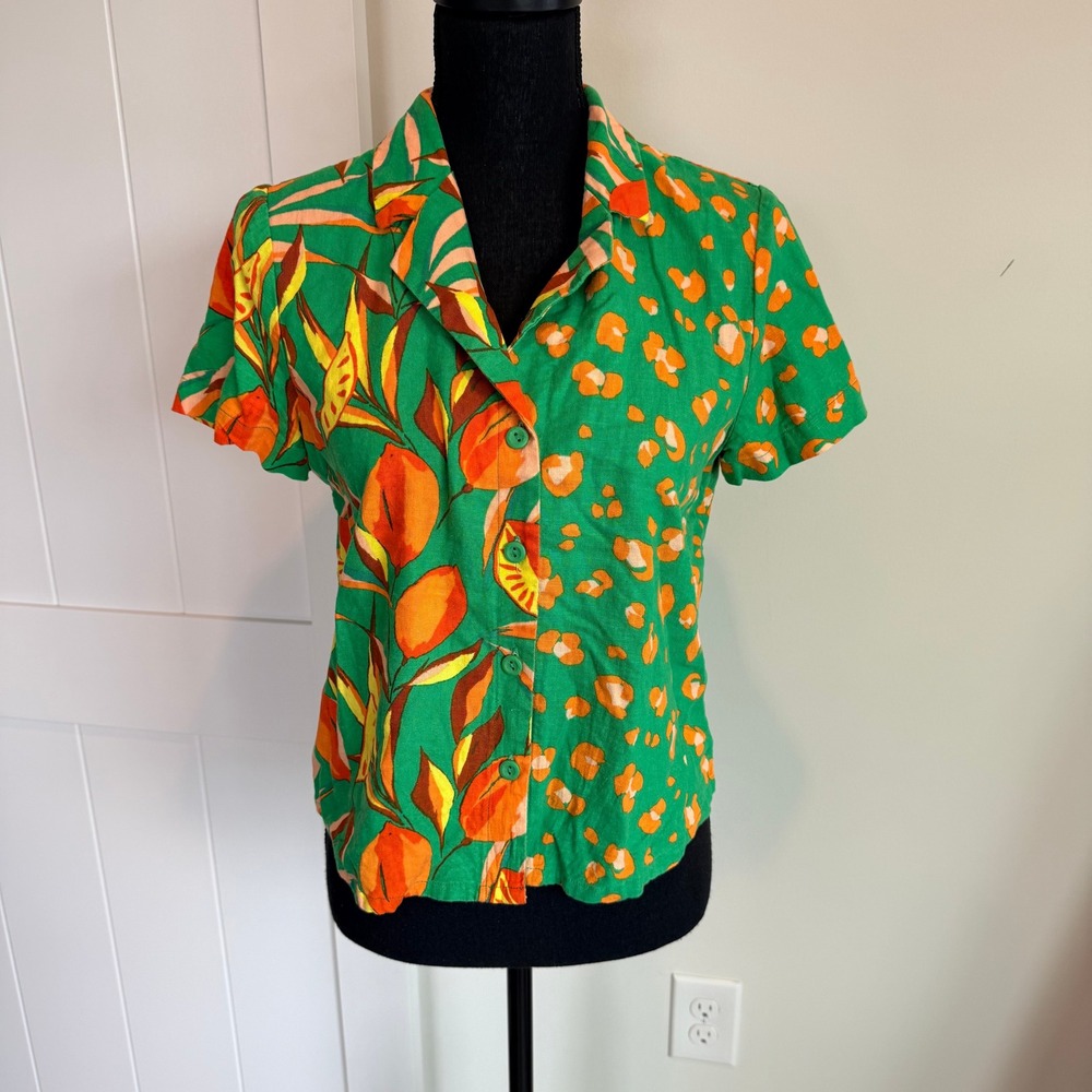 Tabitha Brown x Target Green Tropical Leopard Linen Blend Button Up Shirt Size S